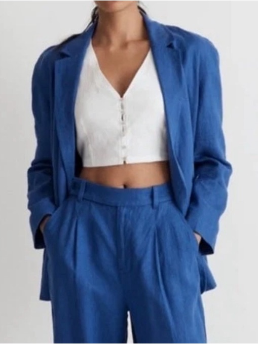 Madewell Double Breasted Blue Linen Oversized Woman Career Casual Blazer S- Euc